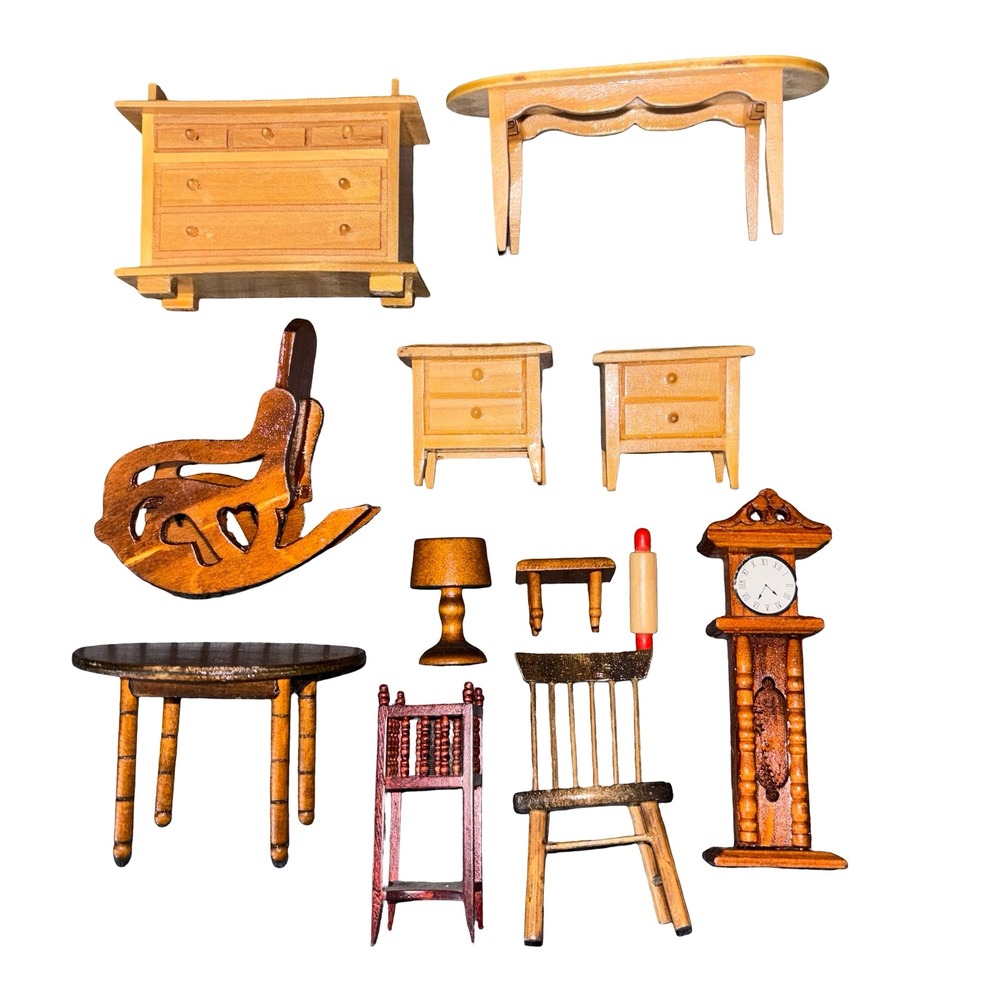 Vintage Wooden Dollhouse Furniture Set Grandfather Clock Rocking Chair 12pc Lot